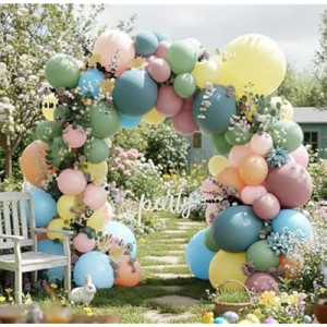 Pink Blue Green Balloon Arch Kit with Artificial Flowers, Double Stuffed Light Baby Yellow Pink Blue Green…