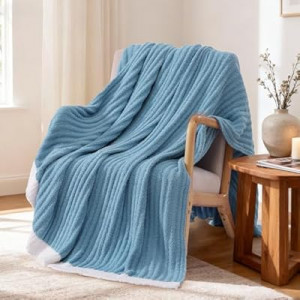 WRENSONGE Striped Throw Blanket, Blue Soft Cozy Fluffy Warm Hand Made Throw Blankets for Couch, So…