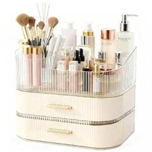 Makeup Organizer for Vanity with Stackable Drawers, 360 Rotating Makeup Brush Holder Large Cosme…