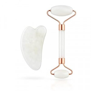 White Jade Roller & Gua Sha Facial Tools Set – Natural White Stone Face Roller for Upper Face & Gua Sha for…