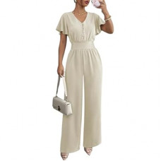 LOOKBOHO Jumpsuits for Women Ruffle Short Sleeve Button V Neck Dressy Wide Leg Romper 2026 Sum…