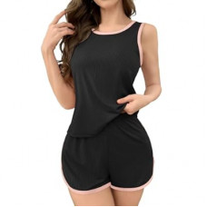 JUSTFASHIONNOW Women's 2-Piece Contrast Trim Pajama Set - Casual Tank Top & Shorts, Soft Ribbed Lou…