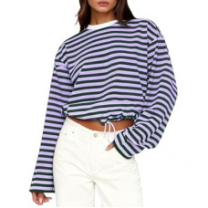 MONCCIZA Womens Long Sleeve Sweatshirt Oversized Striped Crewneck Pullover Going Out Crop…