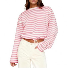MONCCIZA Womens Long Sleeve Sweatshirt Oversized Striped Crewneck Pullover Going Out Crop…