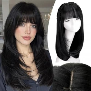 NOSTALGIA Black Straight Layered Wig with Bangs for Women, 4x4 Realistic Scalp, Free Parting, Realist…