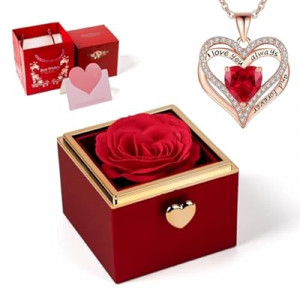 mountova Valentine’s Day Gift for Her Preserved Rose Surprise Box with Heart Necklace, Luxury Flip Jewelry…