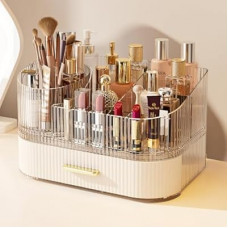 Makeup Organizer with 360° Rotating Brush Holder and Stackable Drawers, Cosmetic Display Case for Vanity, B…