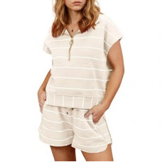 Fisoew Women Summer 2 Piece Outfits Striped Short Sleeve Zipper Shirts Casual Shorts Loose Lounge…