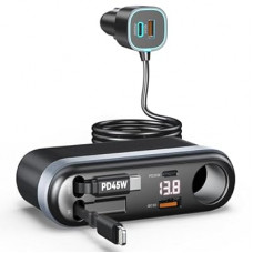 7-in-1 295W Cigarette Lighter Splitter, Cigarette Lighter Adapter with Retractable 45W USB-C/30W…