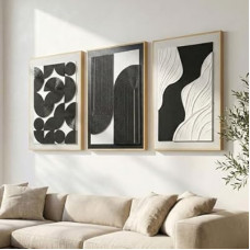 3D Textured Framed Organic Wall Art for Living Room, 3 Piece Modern Black and White Artwork, Mid Cent…