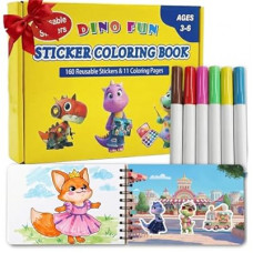 Dino Fun Reusable Sticker & Coloring Book for Kids | 2-in-1 Set with 160+ Stickers, 6 Markers & 11 Themes | E…