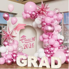 Pink White Rose Balloon Arch Kit, 2026 Graduation Decorations, 130Pcs Pink and White Balloons with Foil S…