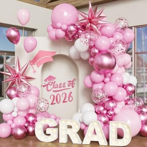 Pink White Rose Balloon Arch Kit, 2026 Graduation Decorations, 130Pcs Pink and White Balloons with Foil S…