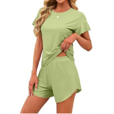 JUSTFASHIONNOW Women's Pajama Set Ruffle Sleeves Top and Short Soft 2 Piece Loungewear Set
