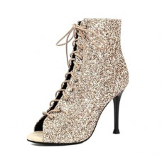 PIVAPAM Women's Dance Heels Peep Toe Booties Gold Silver Sparkly Heels Lace Up Sexy Black Stiletto Sandals…