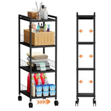 Expandable Slim Storage Cart with Wheels, 4 Tier Narrow Metal Rolling Utility Cart Organizer Adjustable O…