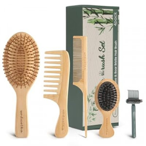 Woduelka Bamboo Hair Brush Set – Bamboo Comb Set for Hair Growth, Paddle Detangling Hairbrush, Wide…