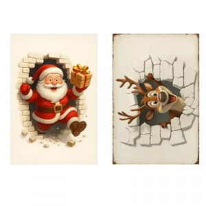 2-piece vintage Santa Claus and reindeer holiday decorative tin plaque set measures 12 x 8 inches. Suitabl…