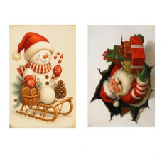 This two-piece vintage Santa and snowman holiday decoration tin plaque set measures 12 x 8 inches.…