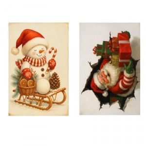 This two-piece vintage Santa and snowman holiday decoration tin plaque set measures 12 x 8 inches.…