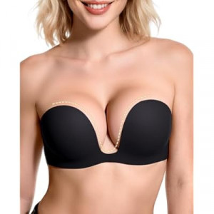 Upushall Strapless Push Up Bras for Women Padded Deep Plunge U Shape Halter Non Slip Seamless Bra