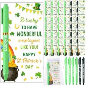 Marspark 30 Sets St. Patrick's Day Gifts Bulk Green Shamrock Ballpoint Pens and Greeting Cards Set with B…