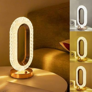 HVZUM Crystal Bedside Lamp, 3-Color & Dimmable LED Desk Lamp with USB-C Rechargeable Battery, T…