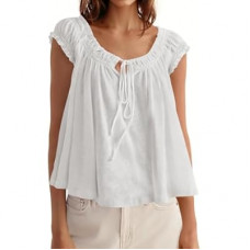 Beloyoni Womens Dressy Casual Blouses Cap Sleeve Babydoll Tops Tie Front Pleated Summer Blouse Loos…