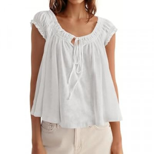 Beloyoni Womens Dressy Casual Blouses Cap Sleeve Babydoll Tops Tie Front Pleated Summer Blouse Loos…