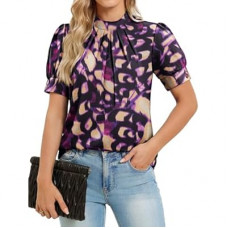 Funlingo Womens Dressy Casual Tops 2026 Short Puff Sleeve Blouses Mock Neck Pleated Shirt for Business Work