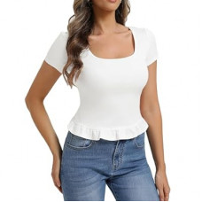 Belle Poque 2026 Summer Cute Tops for Women Short Sleeve Crop Tops Square Neck Ruffle Hem T Shirts