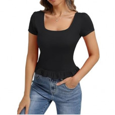 Belle Poque 2026 Summer Cute Tops for Women Short Sleeve Crop Tops Square Neck Ruffle Hem T Shirts