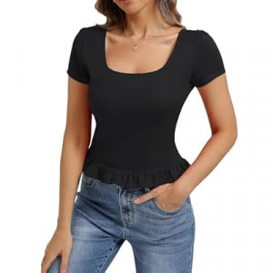 Belle Poque 2026 Summer Cute Tops for Women Short Sleeve Crop Tops Square Neck Ruffle Hem T Shirts