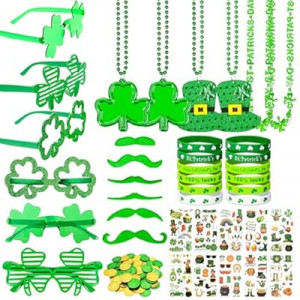 160Pcs St. Patrick's Day Party Favor Set, St Patricks Day Decorations with Shamrock Glasses, Necklaces, Brace…