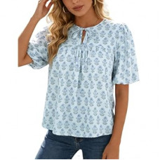 Belle Poque Floral Babydoll Tops for Women Short Puff Sleeve Tie Front Blouse Loose Fit 2026 Summer Boh…