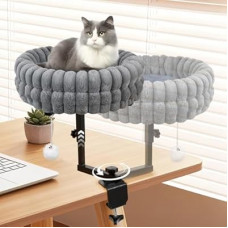 Cat Bed for Desk, Rotating Cat Desk Bed & Perch Supports 50 Lbs, Height Adjustable, Soft Faux Fur Removabl…