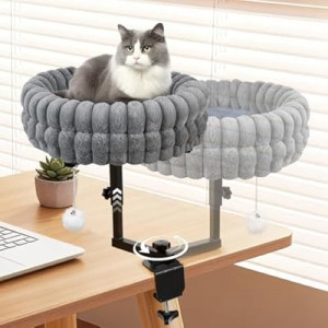 Cat Bed for Desk, Rotating Cat Desk Bed & Perch Supports 50 Lbs, Height Adjustable, Soft Faux Fur Removabl…