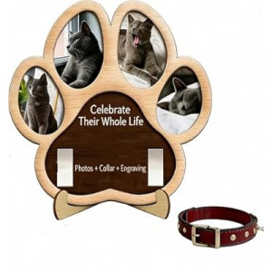 Pet Memorial Frame, Customizable Paw Print Design with 4 Photo Slots & Collar Display, Wooden Keepsake…