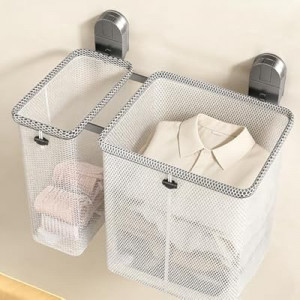 Wall Mounted Laundry Hamper, No Drilling Foldable Dual Compartment with Breathable Mesh, Large Capaci…