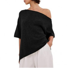 EGOCKAL Off The Shoulder Asymmetrical Knit Tops for Women Summer Short Sleeve Roll Hem Lin…
