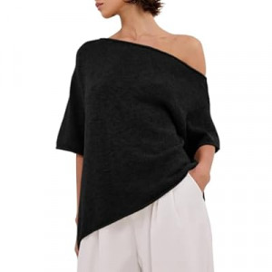 EGOCKAL Off The Shoulder Asymmetrical Knit Tops for Women Summer Short Sleeve Roll Hem Lin…