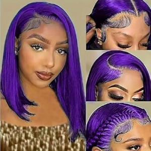 GAIWAC Purple 5x5 Lace Front Short Bob Wigs Human Hair For Women Pre Plucked Pre Cut Purple Glueless Wi…
