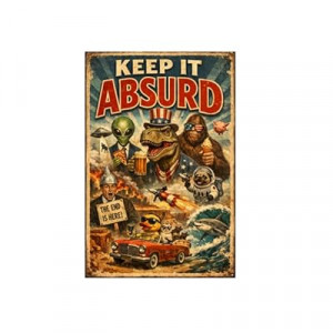 Keep It Absurd Metal Sign - 8x12 Inch Vintage Tin Plaque Featuring Dinosaur, Alien, Bigfoot, Pug Astron…