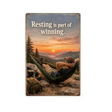 Resting Is Part Of Winning Tin Sign Inspirational Quote Metal Wall Decor Mountain Sunset Hammock Campi…