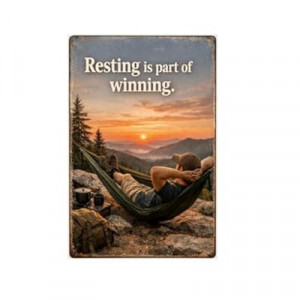 Resting Is Part Of Winning Tin Sign Inspirational Quote Metal Wall Decor Mountain Sunset Hammock Campi…