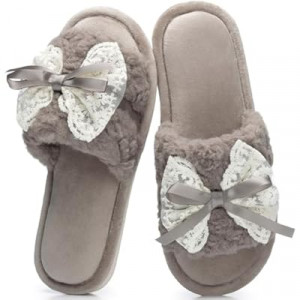 GOEWY Women's Open Toe Memory Foam Slippers - Cute Fuzzy House Shoes with Lace Bow, Soft Plush Sli…