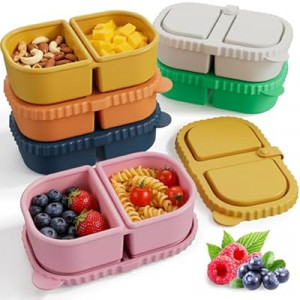 DRNKNSTX 6 Pack Reusable Silicone Snack Containers with Lids, 8.5oz 2 Compartment Snackle Box Contain…